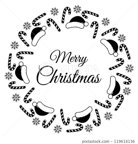 Candy Cane, Santa hat and snowflake and Merry Christmas lettering Round Frame in trendy doodle style 119618136