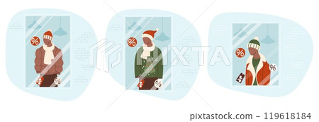 Discount showcase with mannequin in winter male clothing set. Isolated window with jacket, coat, hat, scarf and Christmas sweater and Santa hat. Holiday seasonal sale, shopping. Vector illustration. 119618184