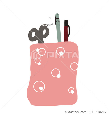 Office equipment pen holder. A set of bright office supplies in a flat cup. Office equipment pen holder. A set of bright office supplies in a flat cup. 119618207