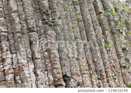 Detailed view of steep, layered basalt pillars at Giant Causeway with greenery on weathered rock 119618240