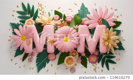 Happy Mothers Day Design on Floral Background. Embroidery Letters MOM 119618270