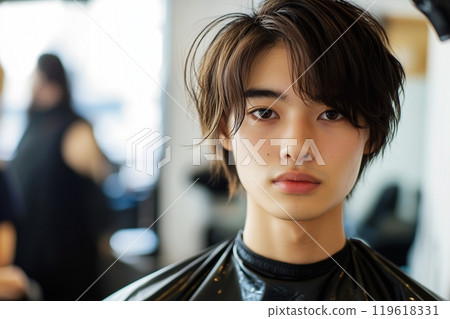 AI-generated image of a man having his hair colored at a salon 119618331