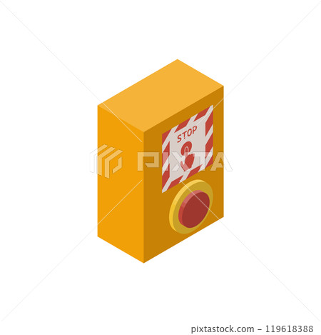 Illustration of an emergency stop button on a station platform. Isometric element. Illustration of an emergency stop button on a station platform. Isometric element. 119618388