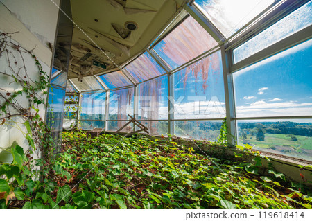 Observation floor of a dilapidated abandoned hotel Observation floor of a dilapidated abandoned hotel 119618414