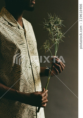 Artistic image of unrecognizable African American man holding spiky exotic flower in hand symbolizing male beauty shot on film with grain 119618466