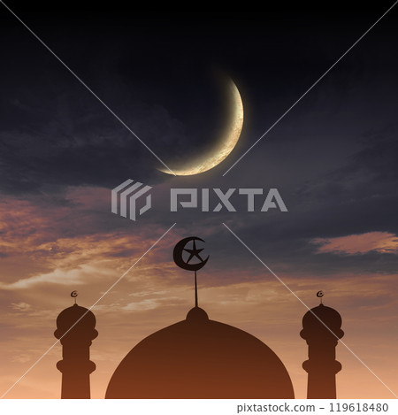 Silhouette of a mosque with a crescent moon on top. The moon is lit up with the sky is cloudy Silhouette of a mosque with a crescent moon on top. The moon is lit up with the sky is cloudy 119618480