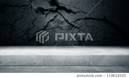 Empty table top with black concrete wall with cracks and holes. Abstract pattern of concrete wall Empty table top with black concrete wall with cracks and holes. Abstract pattern of concrete wall 119618505