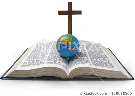 Religion cross and opened book of Holy Bible with globe. It is laying on white background. Symbol of faith and worship in God Religion cross and opened book of Holy Bible with globe. It is laying on white background. Symbol of faith and worship in God 119618560