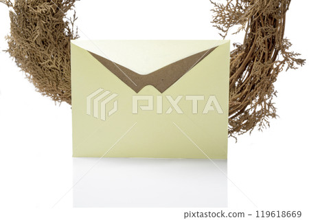 Envelope and postcard with brown twigs on white background Envelope and postcard with brown twigs on white background 119618669