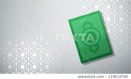 The holy book of Al Quran sitting on abstract white geometric pattern background. Muslim holy book 119618700