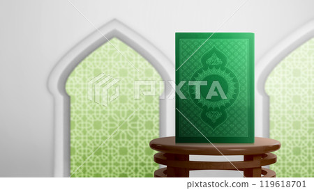 The holy book of Al Quran sitting on the table with mosque window on the background. Muslim holy book 119618701