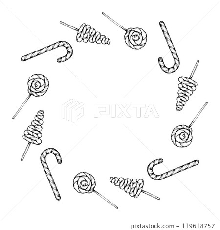 Hand drawn vector illustration of a round frame of lollipops and candy canes. Festive sweets arranged in a wreath shape for Christmas designs, cards, decorative prints for confectioners, bakeries 119618757