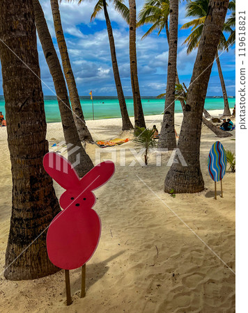 Easter decoration of a beach cafe with bunnies on Boracay island, Philippines. High quality photo 119618821