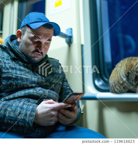 A man with a cat and smartphone in public transport. High quality photo 119618823