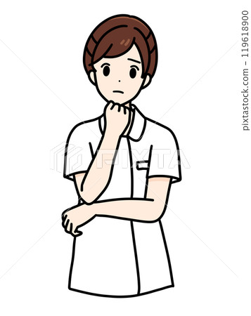Female nurse's front standing pose, upper body, hand on chin Female nurse's front standing pose, upper body, hand on chin 119618900