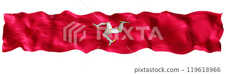 Stylized flag of Isle of Mann waving in the wind, isolated on white background. Footer, header or divider. Cut out wide, panoramic element. Banner for patriotic themes, national event promotions. 3D. 119618966