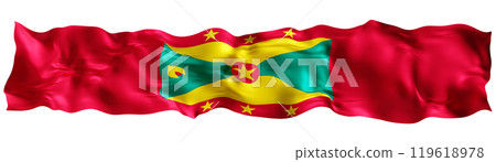 Stylized flag of Grenada waving in the wind, isolated on white background. Footer, header or divider. Cut out wide, panoramic element. Banner for patriotic themes or national event promotions. 3D. Stylized flag of Grenada waving in the wind, isolated on white background. Footer, header or divider. Cut out wide, panoramic element. Banner for patriotic themes or national event promotions. 3D. 119618978