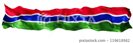 Stylized flag of Gambia waving in the wind, isolated on white background. Footer, header or divider. Cut out wide, panoramic element. Banner for patriotic themes or national event promotions. 3D. Stylized flag of Gambia waving in the wind, isolated on white background. Footer, header or divider. Cut out wide, panoramic element. Banner for patriotic themes or national event promotions. 3D. 119618982