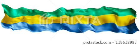 Stylized flag of Gabon waving in the wind, isolated on white background. Footer, header or divider. Cut out wide, panoramic element. Banner for patriotic themes or national event promotions. 3D. 119618983