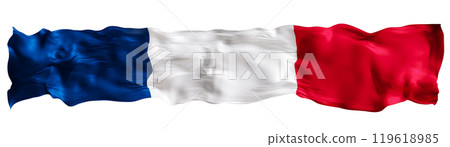 Stylized flag of France waving in the wind, isolated on white background. Footer, header or divider. Cut out wide, panoramic element. Banner for patriotic themes or national event promotions. 3D. 119618985