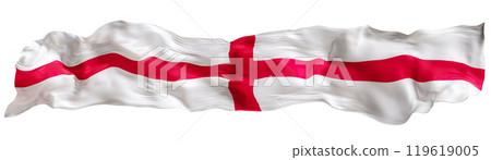 Stylized flag of England waving in the wind, isolated on white background. Footer, header or divider. Cut out wide, panoramic element. Banner for patriotic themes or national event promotions. 3D. 119619005