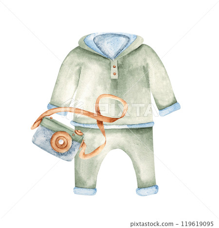 Baby Boy Suit with Wooden Camera. Kids Composition in Boho style. T-shirt, Sweatshirt and pants with eco toy. Watercolor Hand drawn illustration in Vintage style isolated on white background. Design Baby Boy Suit with Wooden Camera. Kids Composition in Boho style. T-shirt, Sweatshirt and pants with eco toy. Watercolor Hand drawn illustration in Vintage style isolated on white background. Design 119619095