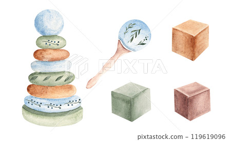 Eco baby toys set. Wooden cubes, Pyramid and Rattle with floral motives. Watercolor hand drawn illustration isolated on white background. Clip art for kids products, ads, cards for baby shower or 119619096