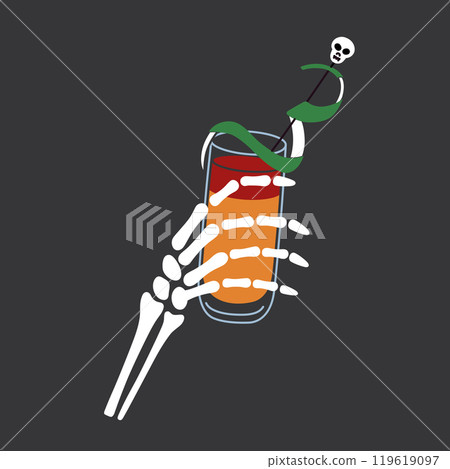 Halloween vector illustration of skeleton hand holding spooky cocktail garnished with skull stirrer and citrus peel garnish, perfect for horror themed party designs. Flat cartoon style 119619097