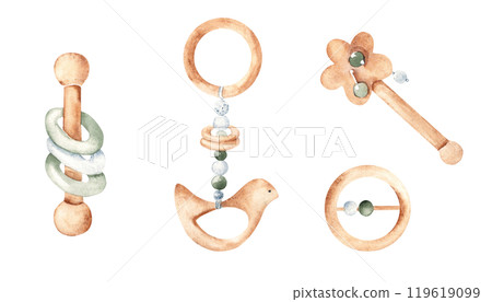 Set of Wooden Eco Baby Toys. Rattles and Teethers. Watercolor hand drawn illustration in blue, green and beige tones isolated on white background. Clip art for Kids goods, tags, Baby Shower 119619099