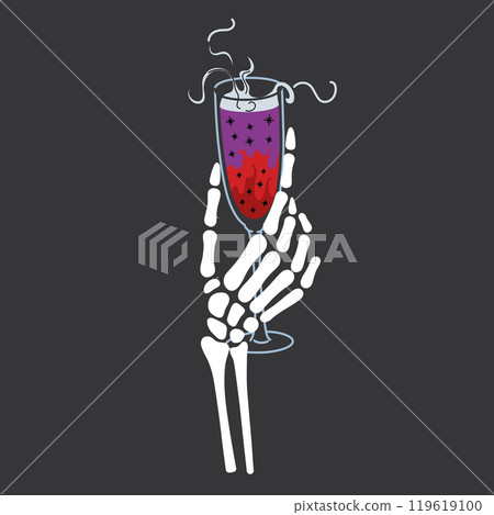 Halloween vector illustration of skeleton hand holding mystical shimmering potion in wine glass, with spooky steam rising, perfect for horror party designs and magical themes. Flat cartoon style 119619100