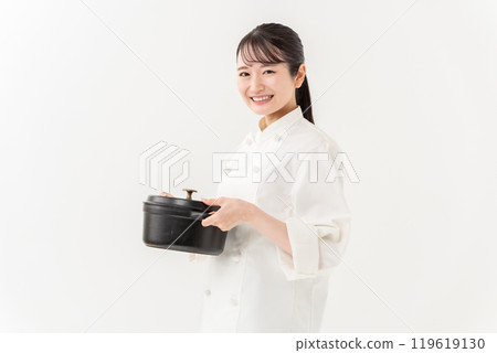Woman in chef's coat, pot 119619130