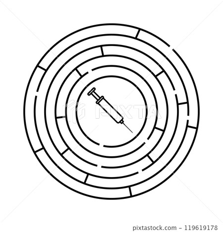 Round maze and syringe  symbol inside labyrinth. Addiction and medicine theme. Vector editable template. Isolated clipart and illustration on white background. 119619178