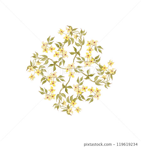 Garden yellow flowers. Summer floral print on napkin or round tablecloth. Wild buttercups. Perfect for decorating packaging, dishes, kitchenware, wallpaper and fabric. Flower wall 119619234