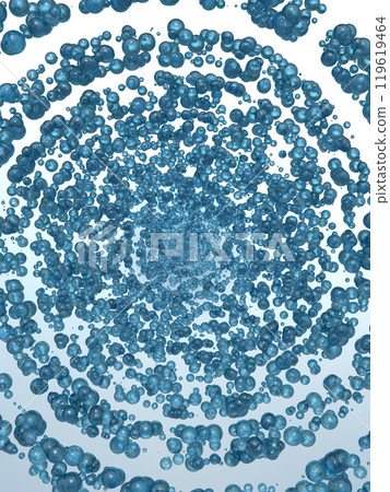 Transparent blue spheres arranged in a spiral, swirling image, 3D illustration, vertical 119619464