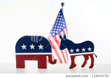 Political Symbols Voting. Republican elephant, Democrat donkey. Symbols of USA, Republican and Democrat parties. Political Symbols Voting. Republican elephant, Democrat donkey. Symbols of USA, Republican and Democrat parties. 119619739
