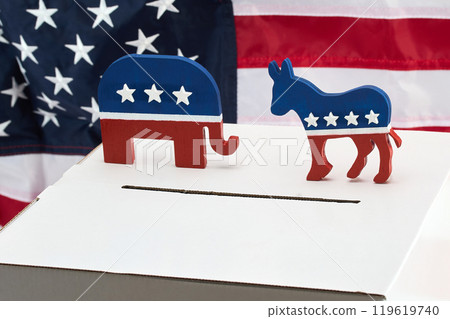 Political Symbols Voting. Republican elephant, Democrat donkey. Symbols of USA, Republican and Democrat parties. 119619740