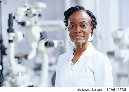 Confident black middle aged woman scientist in laboratory setting with advanced microscopes 119619786