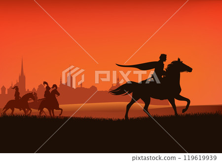horseback king and knights with medieval castle city sunset silhouette vector scene 119619939