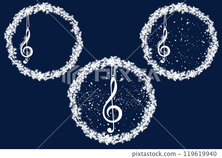 winter season frame made of pine tree branches and treble clef under falling snow vector design set 119619940