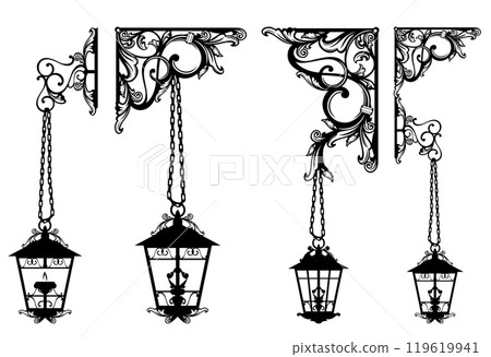 antique corner vector design with hanging on chain lanterns antique corner vector design with hanging on chain lanterns 119619941