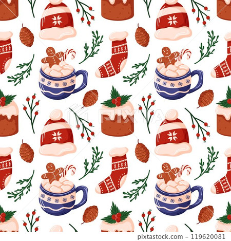 Festive seamless pattern with Christmas elements hot chocolate, gingerbread cookie, stocking, pine cone and winter hat. Ideal for holiday wrapping paper, textile and decor. Festive seamless pattern with Christmas elements hot chocolate, gingerbread cookie, stocking, pine cone and winter hat. Ideal for holiday wrapping paper, textile and decor. 119620081