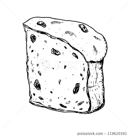 Hand drawn ink vector illustration of traditional Italian Christmas pastry Panettone. Sketchy style clip art of festive raisin pie suitable for New Year print, bakery packaging, pastry shop, cafe menu Hand drawn ink vector illustration of traditional Italian Christmas pastry Panettone. Sketchy style clip art of festive raisin pie suitable for New Year print, bakery packaging, pastry shop, cafe menu 119620391