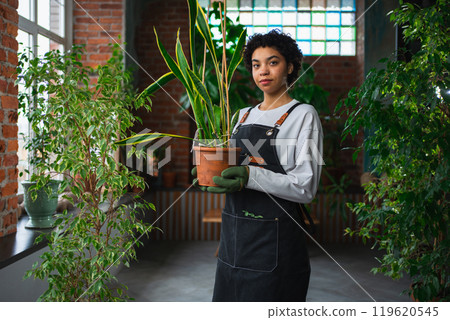 Running of own business. African woman florist holding plant in pot wearing apron in botanical store. Happy small business owner working at flower shop smiling surrounded by plants. Small business 119620545