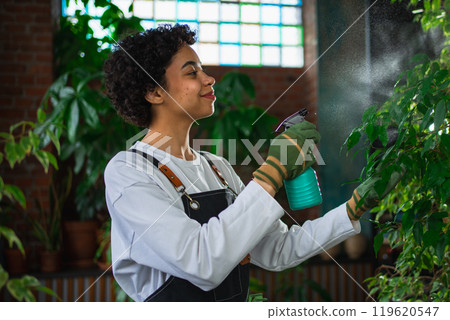 Running of own business. African woman florist with spray bottle watering fertilizing plants in botanical store, Small business owner working at flower shop smiling surrounded by plants Small business 119620547