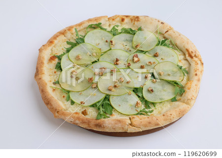 Pizza with pears and gorgonzola cheese, top view isolated on white background 119620699