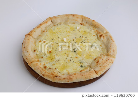 Four cheese pizza on wooden board isolated on a white background 119620700