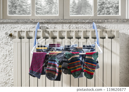 Cotton socks on clothesline. 119620877