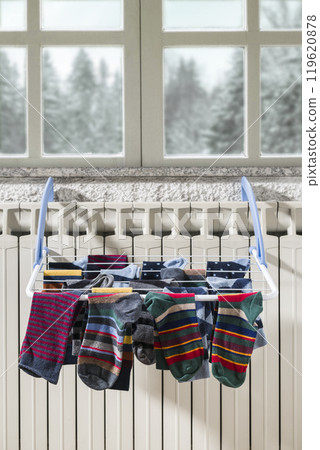 Cotton socks on clothesline. Cotton socks on clothesline. 119620878