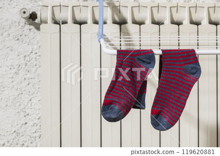 Cotton socks on clothesline. 119620881