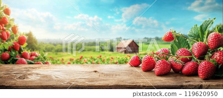 Strawberry on wooden table, blurred garden background, hight detailed upscaled image with copy space 119620950